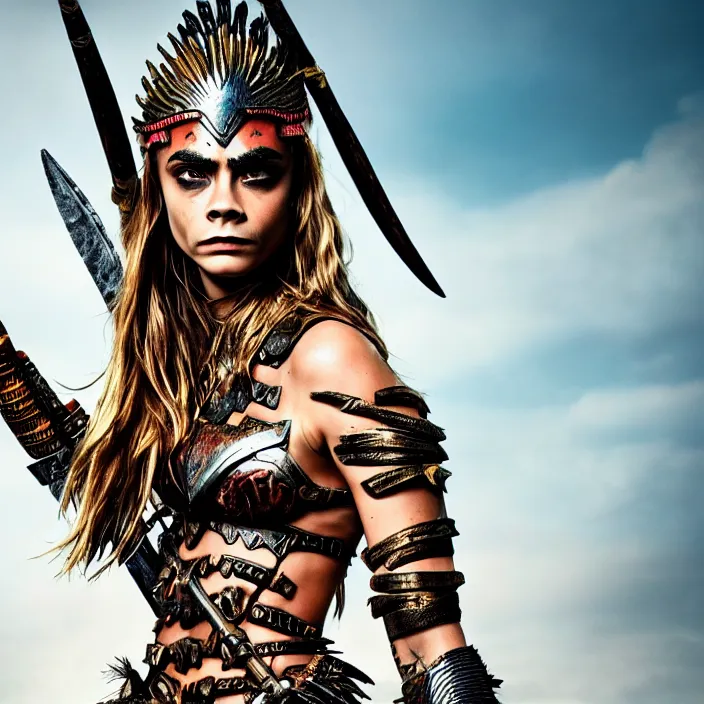 Image similar to professional full length photograph of cara delevingne as an amazon warrior. Extremely detailed. 8k