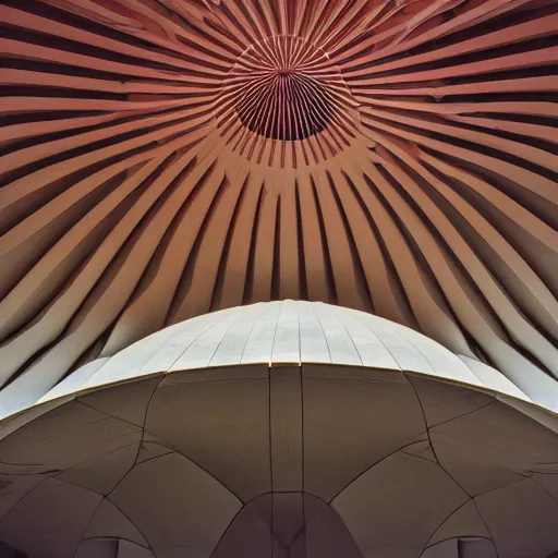 Image similar to interior of a futuristic lotus temple with gold, red and white marble panels, in the desert, by buckminster fuller and syd mead, intricate contemporary architecture, photo journalism, photography, cinematic, national geographic photoshoot