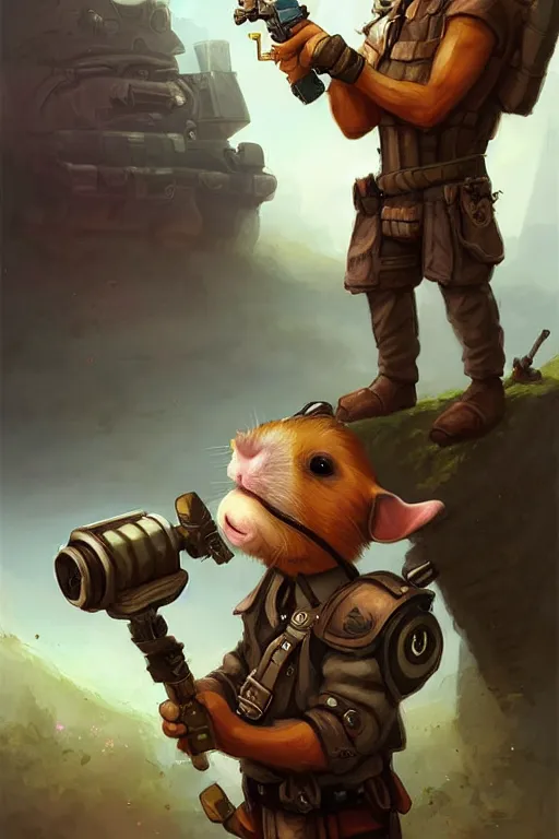 Image similar to cute little anthropomorphic Guinea Pig Tank driver standing next to its tank, tiny, small, short, Tank driver outfit, cute and adorable, pretty, beautiful, DnD character art portrait, matte fantasy painting, DeviantArt Artstation, by Jason Felix by Steve Argyle by Tyler Jacobson by Peter Mohrbacher, cinematic lighting