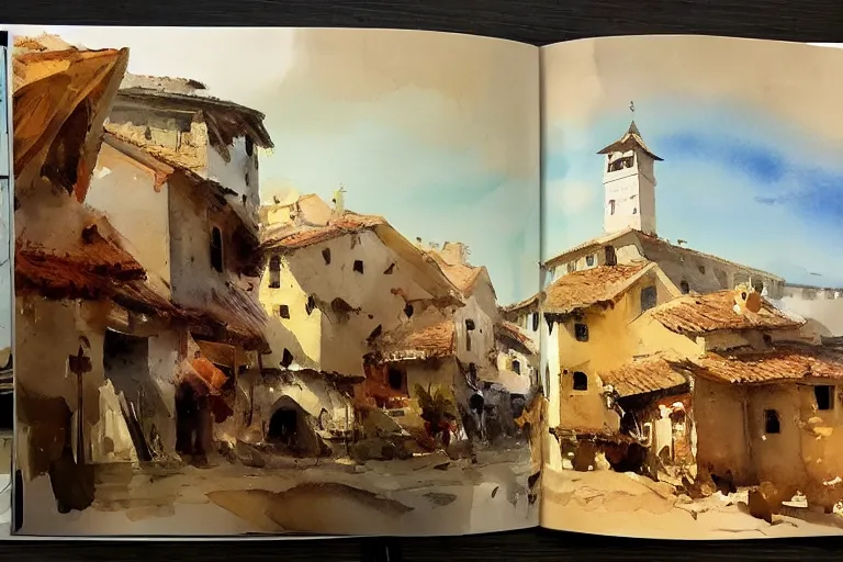 Image similar to paint brush strokes, abstract watercolor painting of rustic mediterranean village at nightfall, lantern, ambient lighting, art by hans dahl, by jesper ejsing, art by anders zorn, wonderful masterpiece by greg rutkowski, cinematic light, american romanticism by greg manchess, creation by tyler edlin