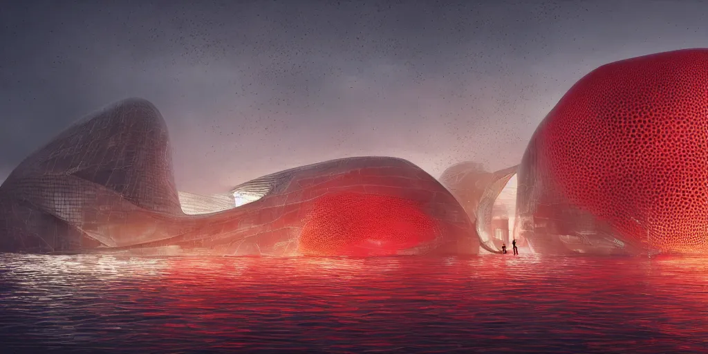 Image similar to An epic architectural rendering of a blob shaped trypophobia house with a mysterious red glow emitting from inside in a modern cityscape next to a river, by Zaha Hadid and Greg Rutkowski, tunning, gorgeous, golden ratio, photorealistic, featured on artstation, 4k resolution