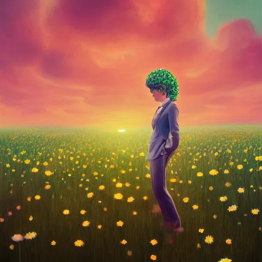 Image similar to giant daisy flower head, frontal, girl in a suit, surreal photography, sunrise, dramatic light, impressionist painting, digital painting, artstation, simon stalenhag