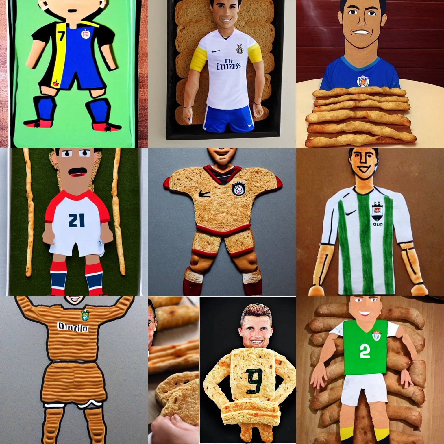 Prompt: soccer player ronaldo made of bread sticks dough