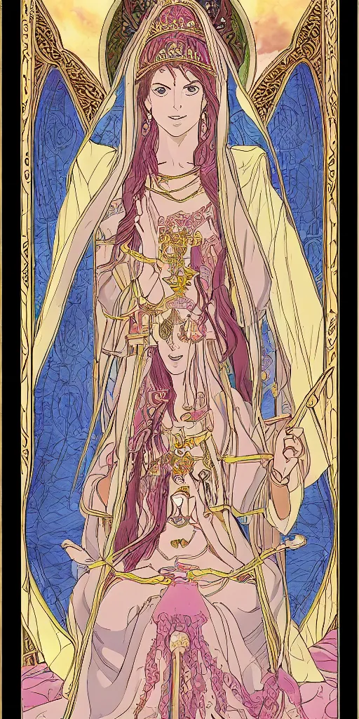 Image similar to a mystical woman priestess sitting on a throne, the divine feminine, drawn by studio UFOTABLE, fine line work, pastel colors, Tarot cards