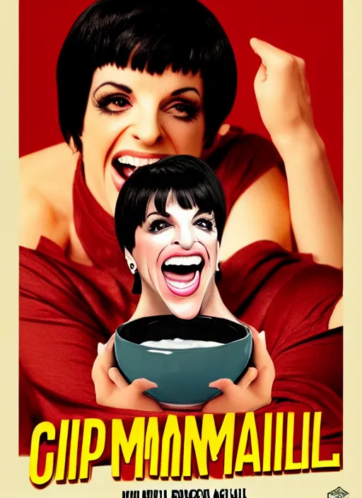 Image similar to highly detailed comedy caper movie poster with laughing liza minnelli face in a big bowl of jelly, face inside jelly by greg rutkowski