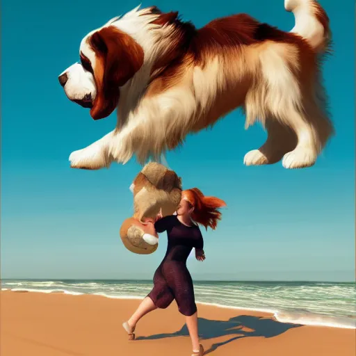 Image similar to girl riding a giant saint Bernard at the beach playing fetch, trending on artstation