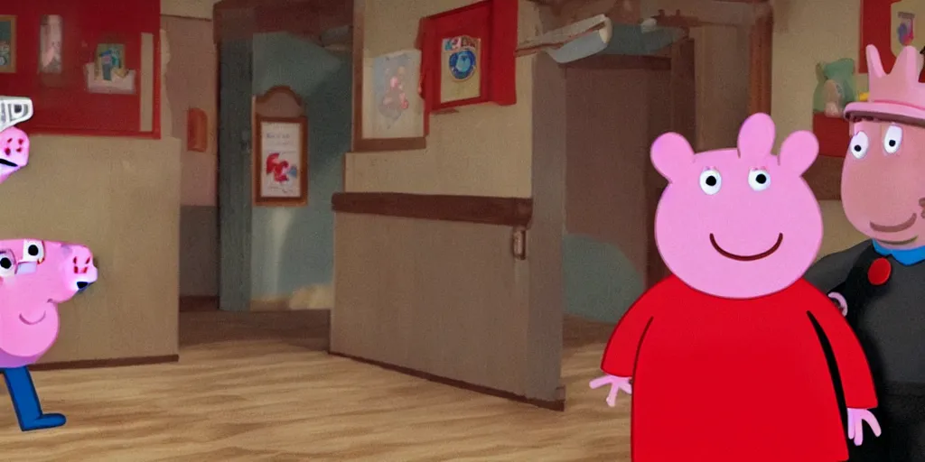 Prompt: peppa pig and Mario in twin peaks. black and white zig zag floor, david lynch, red room, agent cooper