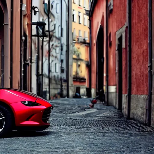 Image similar to a rabbit sitting in a red mazda mx-5 parked on a street in STockholm