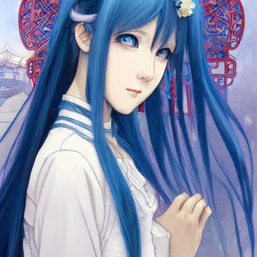 Image similar to an adult girl with long blue hair and blue eyes, a small pigtail on the left side, white fur on top,, chinese blue dress, chinese style, anime style, hyper detailed, illustration, digital painting, art by artgerm and greg rutkowski and alphonse mucha, high delicate defined details, anime stylized, highly detailed, realistic, sharp focus