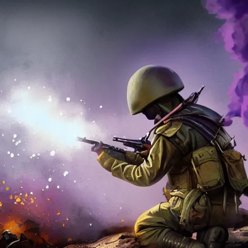 Image similar to a soldier in a trench receiving artillery fire, purple smoke, digital art artstation