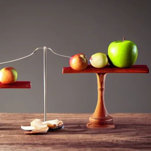 Prompt: set of balance scales with one apple in one side and one onion in the other