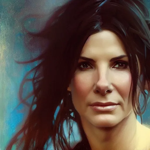 Image similar to hyperrealist portrait of sandra bullock. by jeremy mann and alphonse mucha, fantasy art, photo realistic, dynamic lighting, artstation, poster, volumetric lighting, very detailed faces, 4 k, award winning