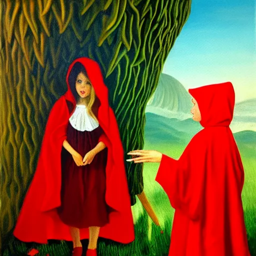 Prompt: oil painting of little red riding hood looking up at gigantic datura strammonium flower