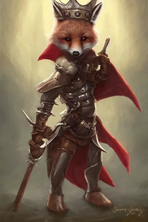 Image similar to cute little anthropomorphic foxy knight wearing a cape and a crown, tiny, small, miniature fox, baby animal, short, pale blue armor, cute and adorable, pretty, beautiful, DnD character art portrait, matte fantasy painting, DeviantArt Artstation, by Jason Felix by Steve Argyle by Tyler Jacobson by Peter Mohrbacher, cinematic lighting