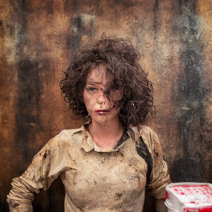 Image similar to closeup portrait of a woman wrapped in plastic, standing in a grungy dirty coffee shop cafe, color photograph, by vincent desiderio, canon eos c 3 0 0, ƒ 1. 8, 3 5 mm, 8 k, medium - format print