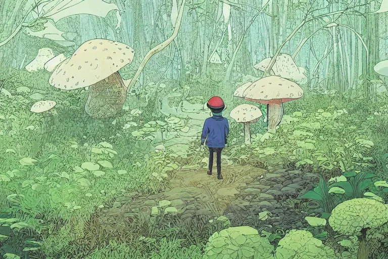 Prompt: down view of a young boy with a hat on a large open path entering a vast fantasy forest with a distant clearing, giant mushrooms, exotic vegetation, large rocks with thick moss, huge wooden bridge, large white paradise birds and fireflies flying around, very graphic illustration by moebius and victo ngai, color comics style, dynamic lighting, morning