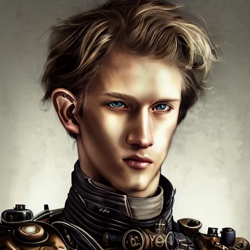 Image similar to portrait of a man by ayami kojima, norwegian, he is about 2 0 years old, blond short hair, tall and strong, older brother vibes, he is wearing a steampunk tactical gear, highly detailed portrait, digital painting, artstation, concept art, smooth, sharp foccus ilustration, artstation hq