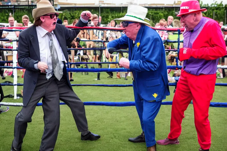 Prompt: michael fish vs john mccririck in a boxing match, in the middle of a paddock