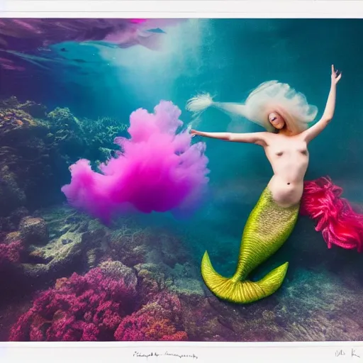 Image similar to film photography of a two tailed mermaid floating in front of colourful underwater clouds by Kim Keever, low shutter speed, 35mm, intricate, highly detailed