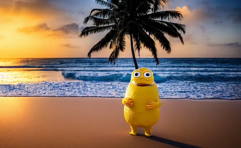 Prompt: 5 0 mm photograph, of a real anthropomorphic lemon character, fit body, with lemon skin texture, it is wearing a hat and scuba diving, building a sandcastle on the beach at sunset, beach, huge waves, sun, clouds, tropical trees, rim light, cinematic photography, professional, sand, sandcastle, volumetric lightening