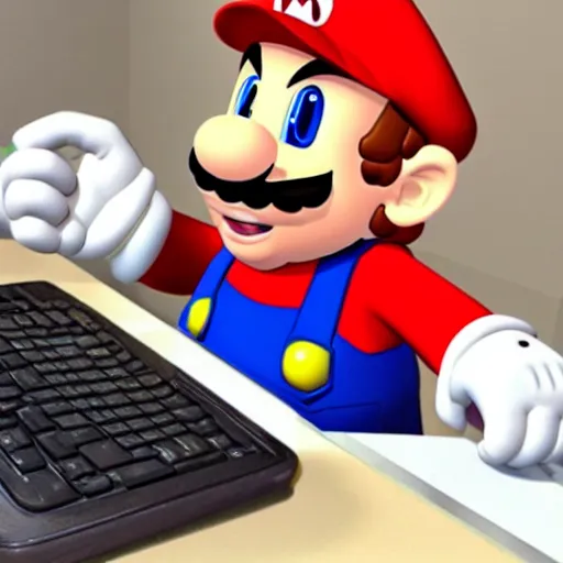 Prompt: mario using the computer, hd