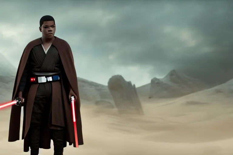 Prompt: Star Wars, full body, Finn played by John Boyega standing alone wearing jedi robes holding a lightsaber in heroic pose, ultra realistic, 4K, movie still, UHD, sharp, detailed, cinematic, render, Wide shot