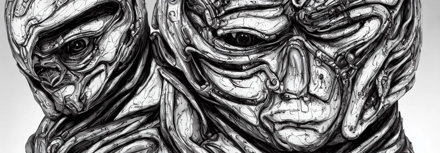 Image similar to engineer alien face by Artgerm, alien, highly detailed, symmetrical long head, smooth marble surfaces, detailed ink illustration, raiden metal gear, cinematic smooth stone, deep aesthetic, concept art, post process, 4k, carved marble texture and silk cloth, latex skin, highly ornate intricate details, moody lighting, hr geiger, hayao miyazaki, by Artgerm