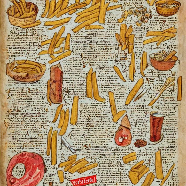 Image similar to middle age illustrated recipe for french fry ( ( ( ( a french fry cone ) ) ) ) lot of medieval enluminures in the background explaining the recipe, schematic in a notebook