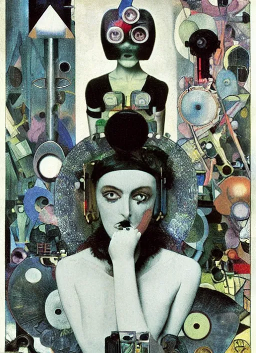 Image similar to cute punk goth fashion fractal alien martian girl with wearing a television tube helmet and kimono made of circuits and leds, surreal Dada collage by Man Ray Kurt Schwitters Hannah Höch Alphonse Mucha Beeple