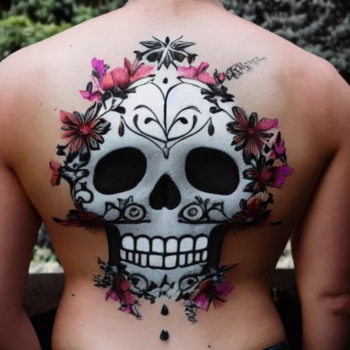 Prompt: flower skull on the back from a man