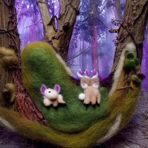 Prompt: two fantasy woodland animals in dynamic poses, made of felt and cloth and beads, in a lush magical forest with tall trees and moss, felting, haunting and spooky, cinematic lighting