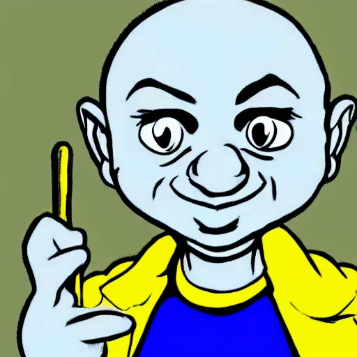 Prompt: Sajid Javid as a smurf, 1980s cartoon, flat shading, 2D, by Peyo