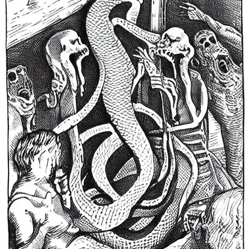 Image similar to huge snake in the grave squeezing a body, realistic, horror, dark