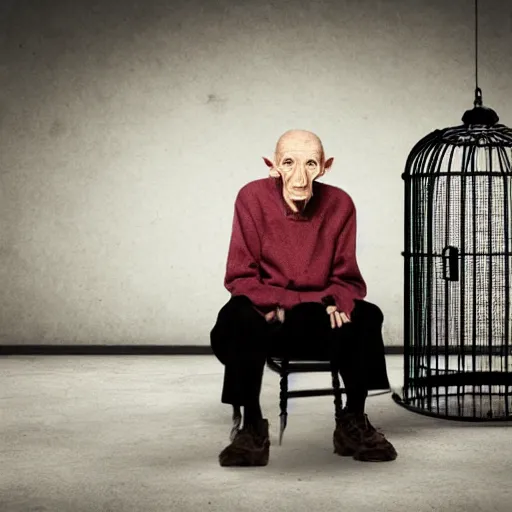 Prompt: incredibly detailed high quality studio portrait of an elderly alien being sitting in a cage in a warehouse