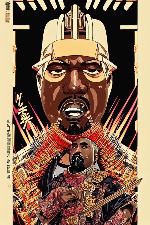 Image similar to poster of kanye west as a samurai, by yoichi hatakenaka, masamune shirow, josan gonzales and dan mumford, ayami kojima, takato yamamoto, barclay shaw, karol bak, yukito kishiro, highly detailed