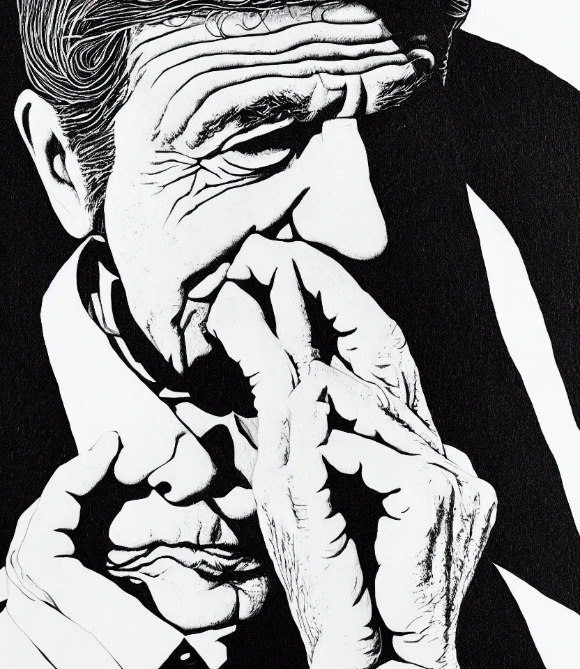 Image similar to detailed line art portrait of leonard cohen. caricatural, minimalist, bold contour lines, musicality, soft twirls curls and curves, confident personality, raw emotion