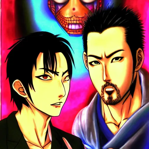 Image similar to beautiful amazing anime portrait painting of kiryu kazuma and goro majima in tokyo. neon lights. by hayao miyazaki, katsuhiro otomo, akira toriyama, satoshi kon, eiichiro oda, hideaki anno