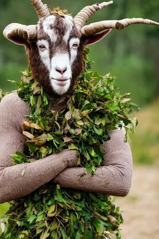 Prompt: a goatman wearing clothes made of leaves and holding a bundle of sticks