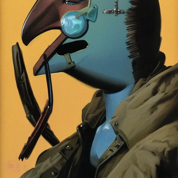 Image similar to illustration of model in plastic bird mask wearing baggy colorful 9 0 s rick owens jacket by frank frazetta. sci fi book cover.