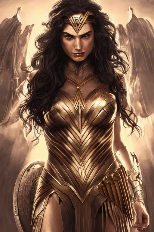 Image similar to Gal Gadot as the Queen of the Amazons, cute, fantasy, intricate, elegant, highly detailed, digital painting, 4k, HDR, concept art, smooth, sharp focus, illustration, art by artgerm and H R Giger and alphonse mucha