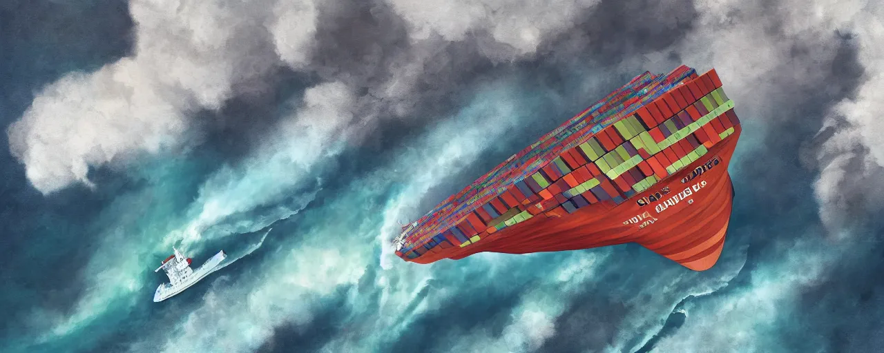 Image similar to paintifng of container ship containership colossus near misty black cliffs over steamy water, matte painting, detailed, amazing, 4k resolution