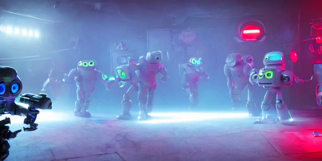 Image similar to a cinematic still of a laser tag game between robots, pixar monsters, and astronauts cinematography by Denis Villeneuve volumetric lighting