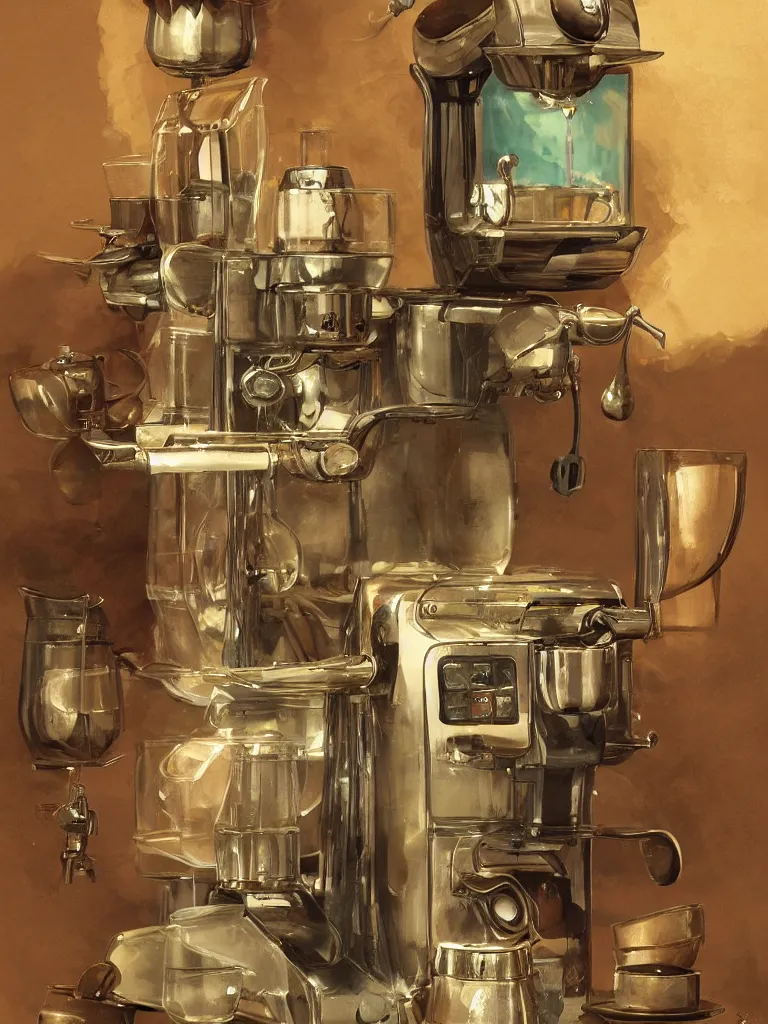 Prompt: illustration of an ancient coffee machine, by Simon Stalenhaag, by Yoshita Amano, by Esao Andrews, sharp focus, fresh colors, conceptart, trending on artstation