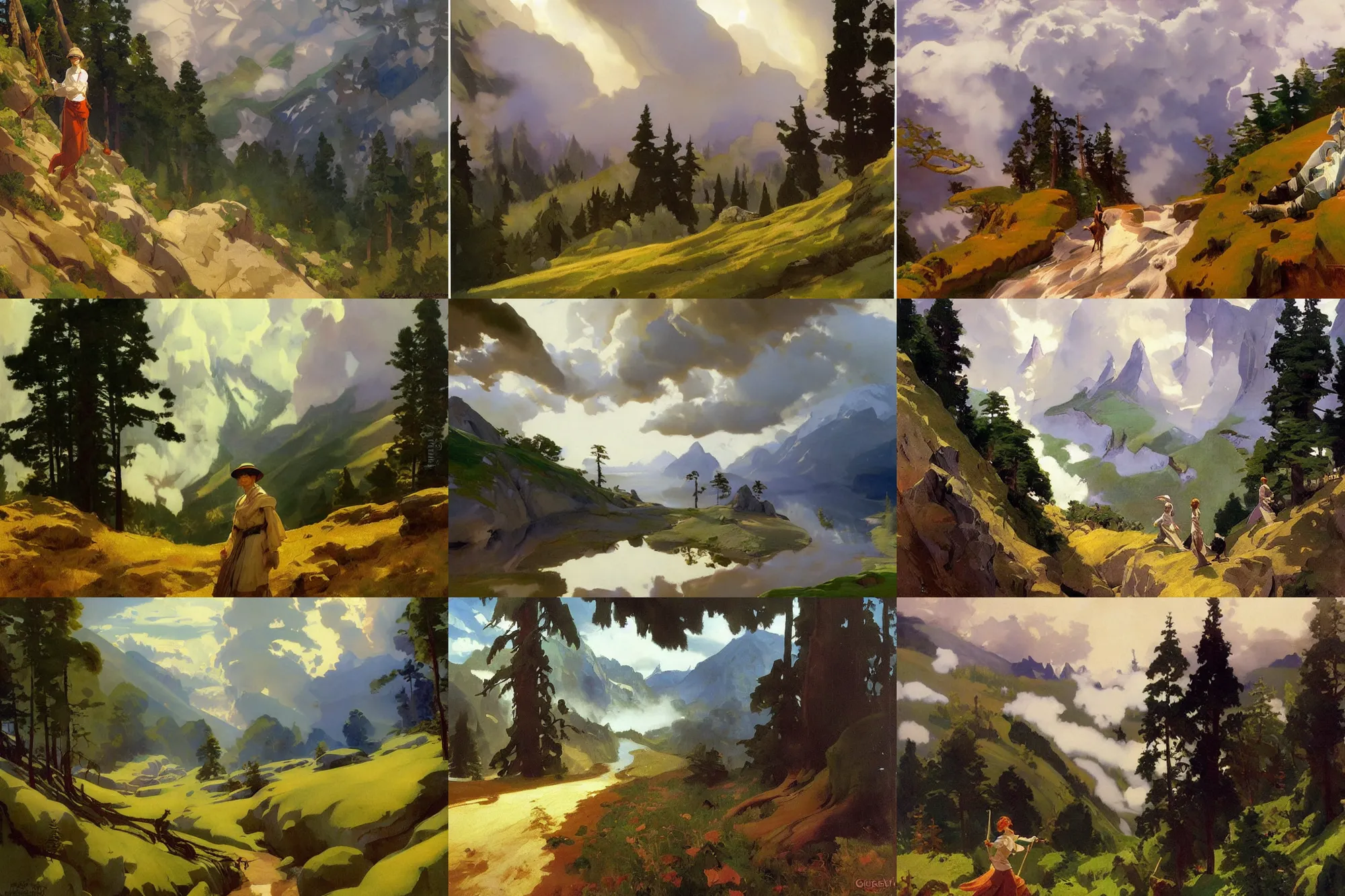 Prompt: painting by sargent and leyendecker and greg hildebrandt savrasov levitan polenov, studio ghibly style mononoke, middle earth above the layered low clouds road between forests trees river lakes stones top of the mountain overcast storm masterpiece