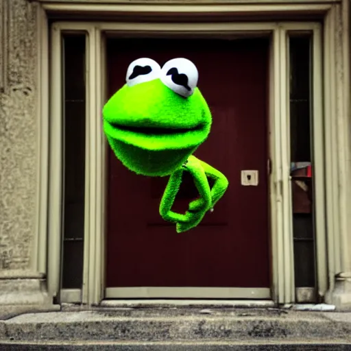 Prompt: street photography picture of a muppet kermit the frog laying in the doorway of an oppressive building. fugifilm 4 k close focus. distopia sad