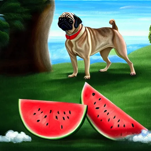 Image similar to pug eating watermelon in heaven painted in the style of michaelangelo, concept art