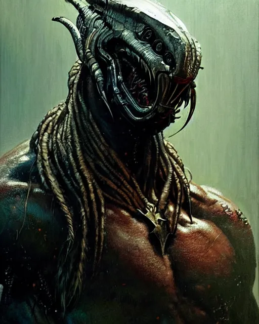 Image similar to a portrait of the predator fantasy character portrait, ultra realistic, cinematic, concept art, wide angle, intricate details, hologram, highly detailed by greg rutkowski, aaron horkey, gaston bussiere, craig mullins, simon bisley, arthur rackham