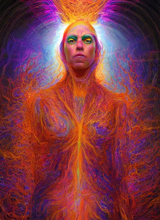 Prompt: portrait ultra dimensional cult girl shaman, accidentally tripping on dmt salvia, psychedelic experience, overwhelming psychosis of self realization and burning awakening, ultra high definition, unreal engine 5, hyperrealism, masterpiece composition, by peter kemp, casey weldon, barclay shaw