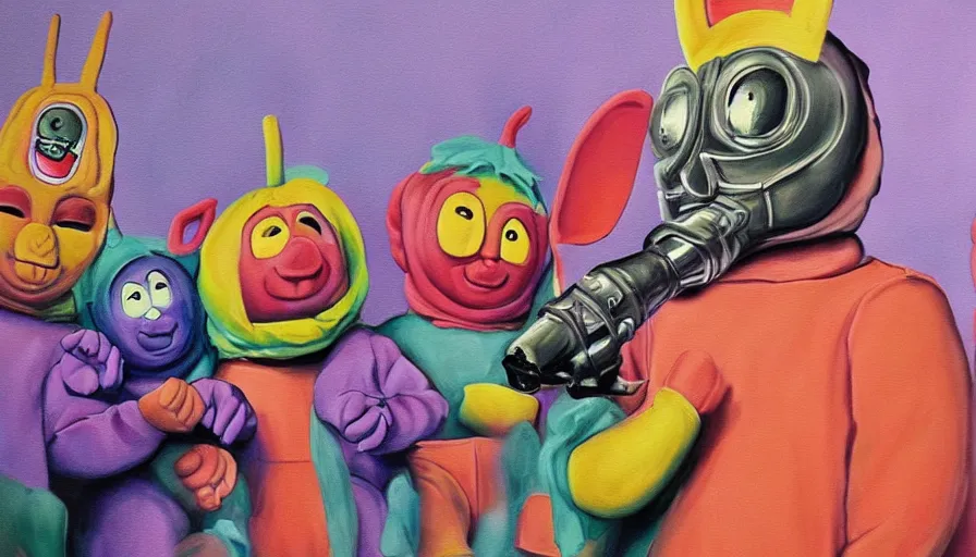 Image similar to beautiful lifelike painting of mf doom performing with the teletubbies, hyperreal detailed facial features and uv lighting, art by ed roth and basil wolverton