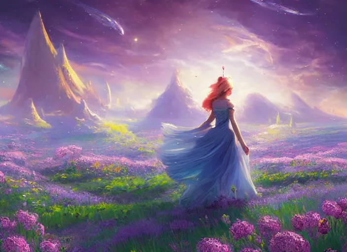 Image similar to a lone princess walks through a vast flower field in the cosmic sky by vladimir volegov and alexander averin and peder mørk mønsted and ross tran and raphael lacoste